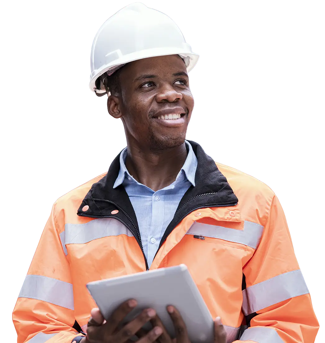 Transportation worker wearing hardhat and holding tablet