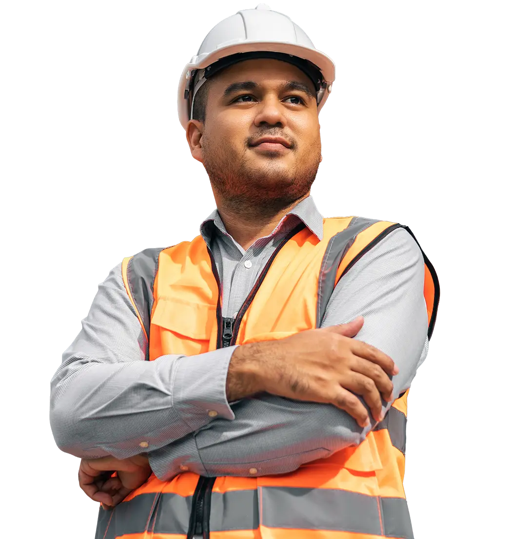 Construction worker wearing vest and hard hat
