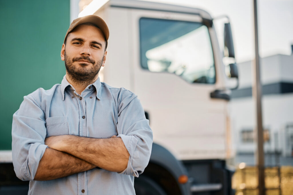 Trucker standing in front of his truck
