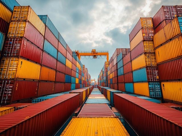 Shipping containers in a shipyard