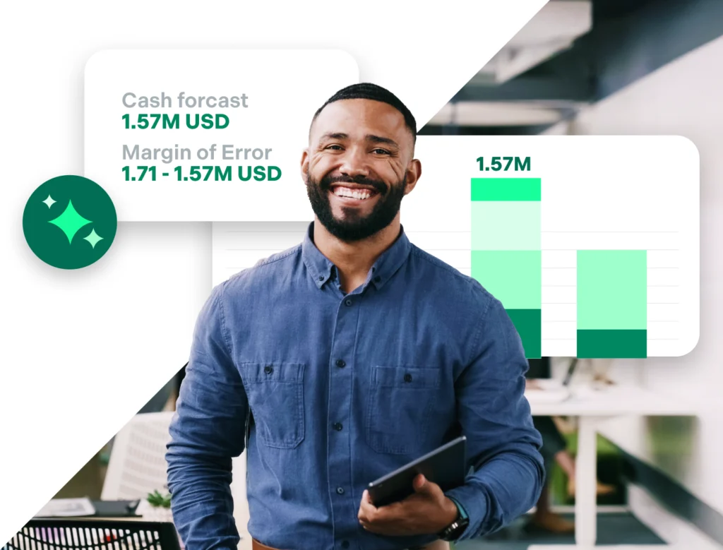 A man smiles broadly while holding a tablet. Cash forecast graphics overlaid