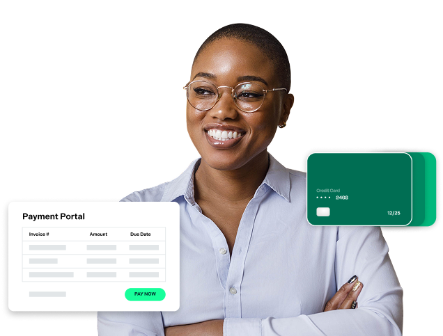 A person crosses their arms and smiles, with payment portal and credit card icons overlaid