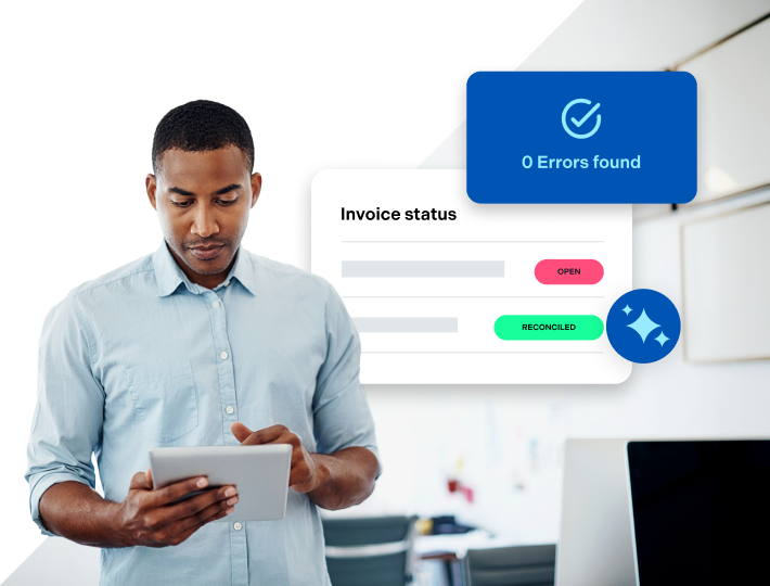 A man in a dress shirt consulting a laptop, evaluating the status of an invoice and his error rate