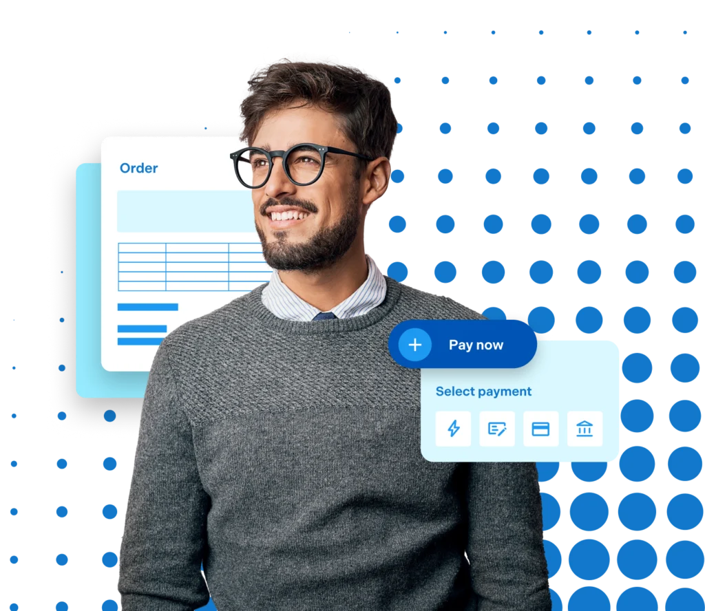 A smiling person overlaid with payment integration icons