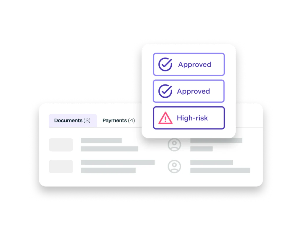Graphic representing risk mitigation, showing APPROVED and HIGH RISK notifications