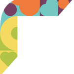 Decorative, stylized graphic comprising colorful icons shaped like hearts