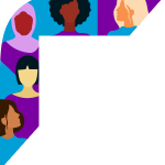 Decorative, stylized graphic comprising a diverse range of human silhouettes