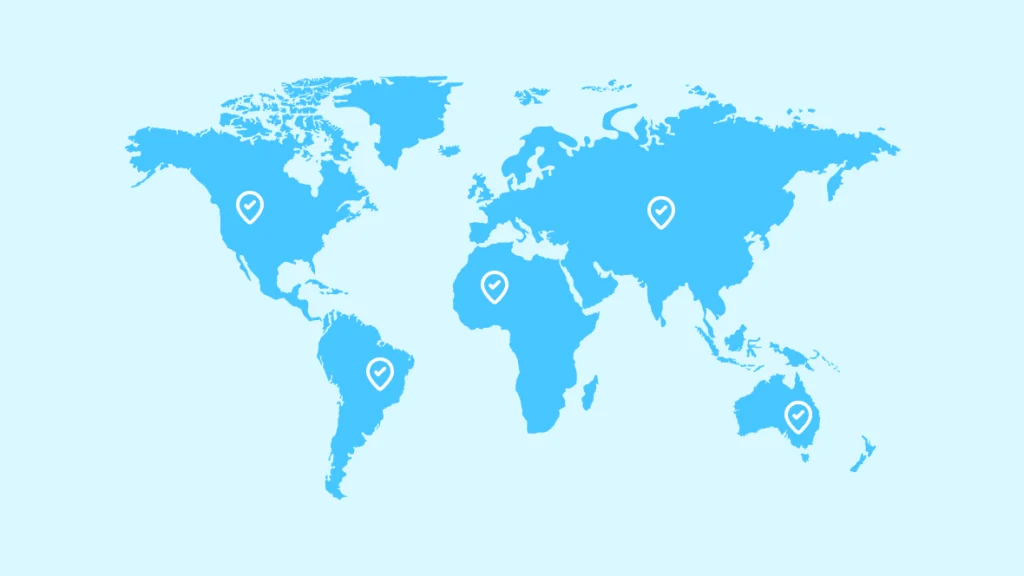 A world map graphic with location markers on every continent except Antarctica
