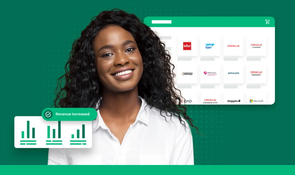 Glimlachende vrouw met billtrust productmonsters op achtergrond die product verhoogde opbrengst tonen