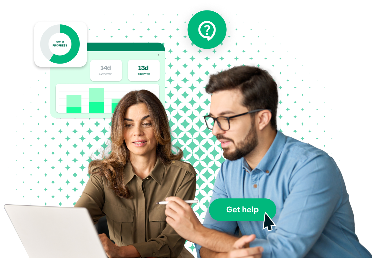 Man and woman viewing a laptop on isolated background with graphics surrounding them