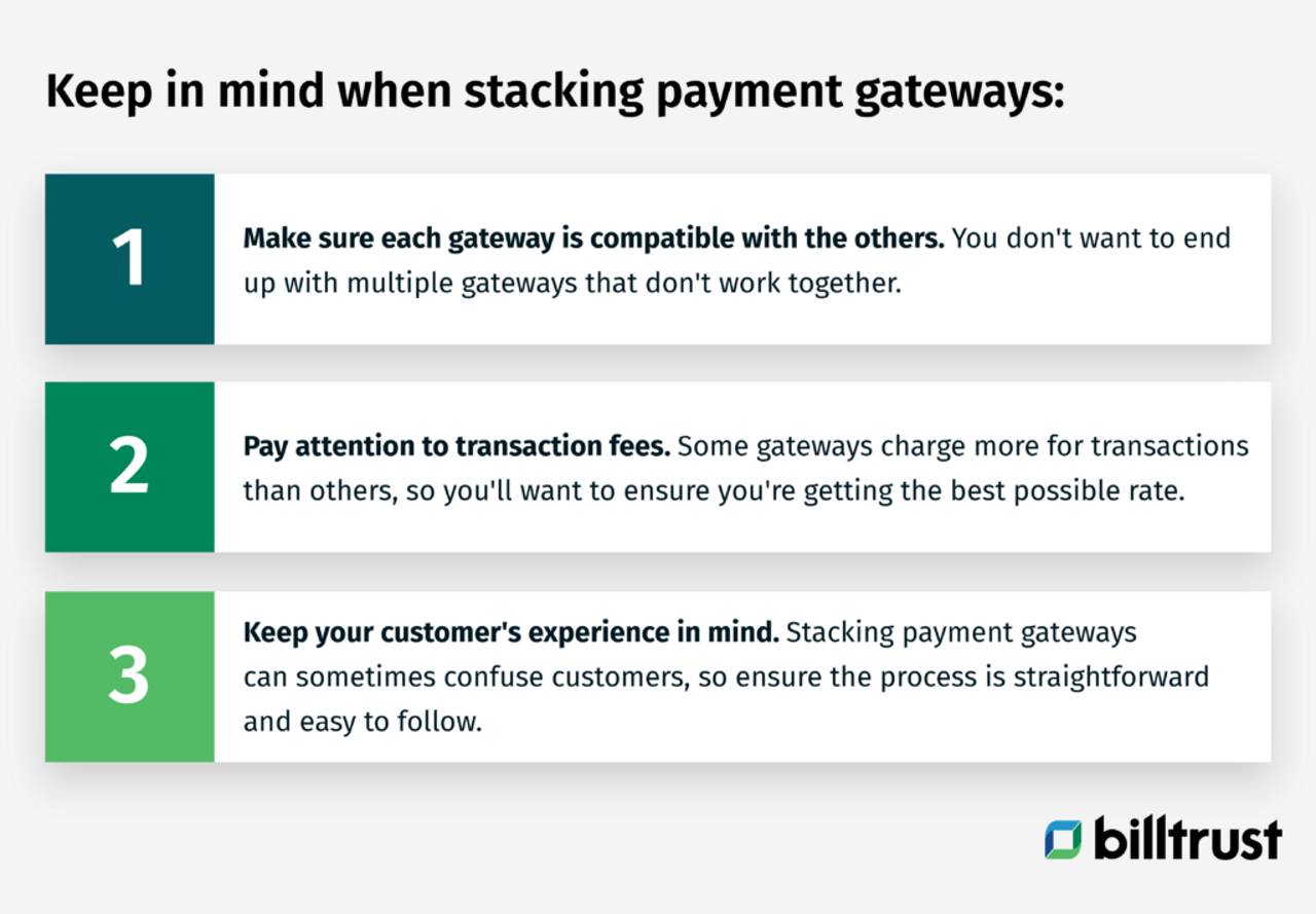an infographic that outlines 3 key things to keep in mind when stacking payment gateways
