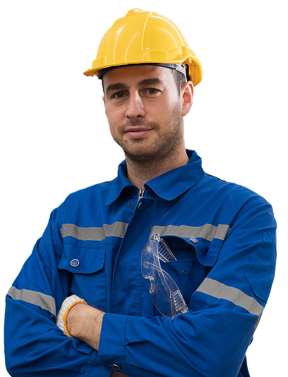 A man in work clothes with a hardhat