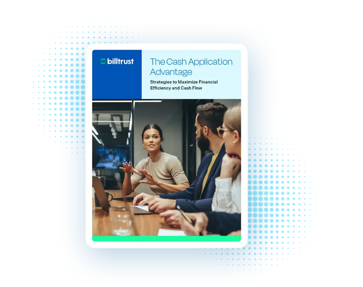 The title page of a document titled The Cash Application Advantage with a woman presenting to two co-workers