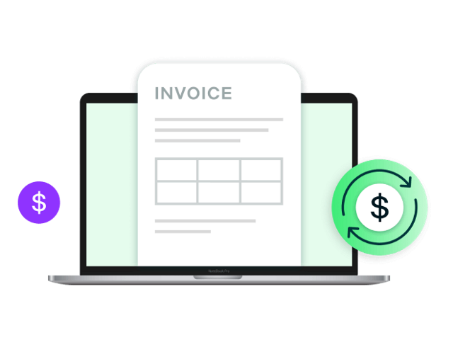e-invoice exchange framework masthead image of a computer with two dollar sign icons on either side of it with an invoice on the screen