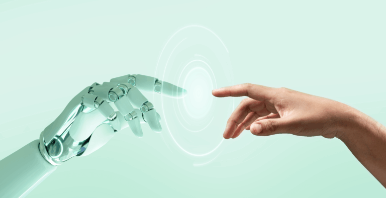 and image of a human hand and a robotics hand reaching out to touch at the index fingers