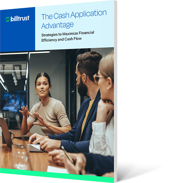 Cover of an eBook titled The Cash Application Advantage with a woman at conference table with coworkers