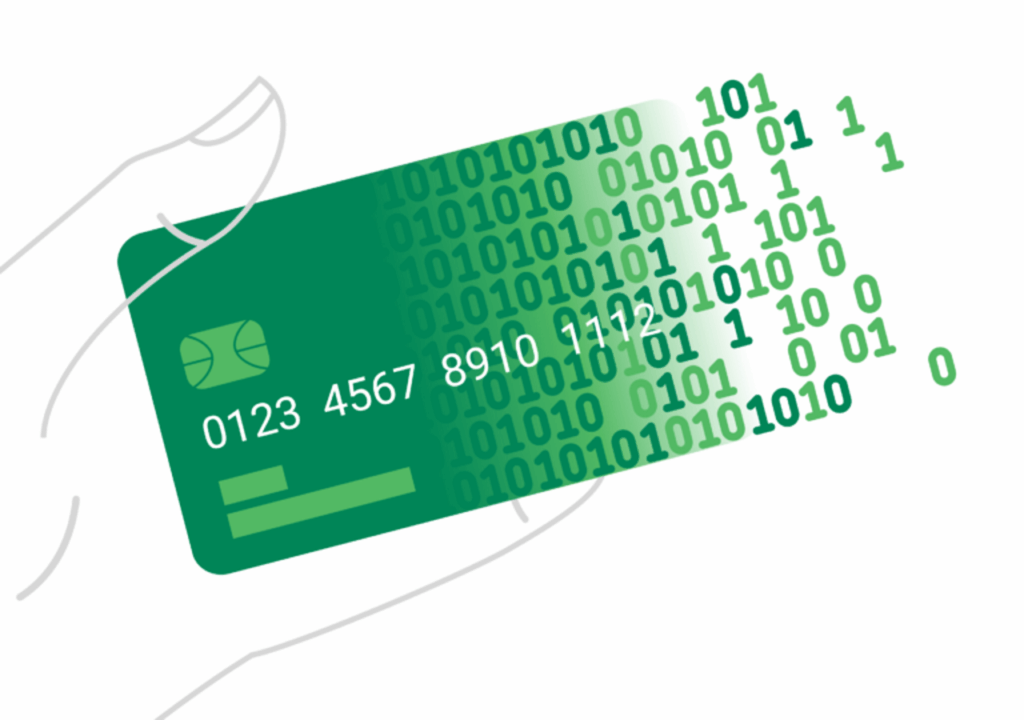 A stylized graphic of a hand holding a credit card