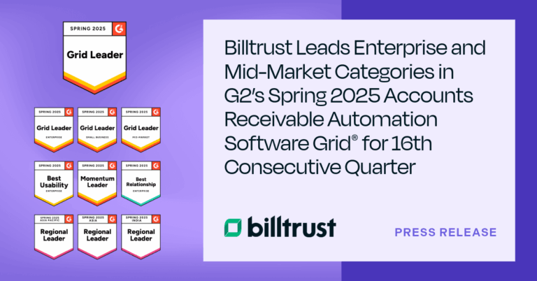 Billtrust leads the Enterprise and Mid-Market categories for G2's Spring of 2025 AR automation software grid
