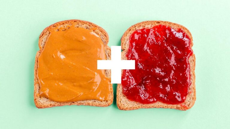 Open peanut butter and jelly sandwich with a plus sign