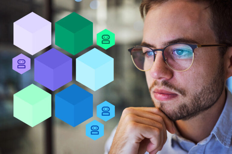 Man looking at AI representation