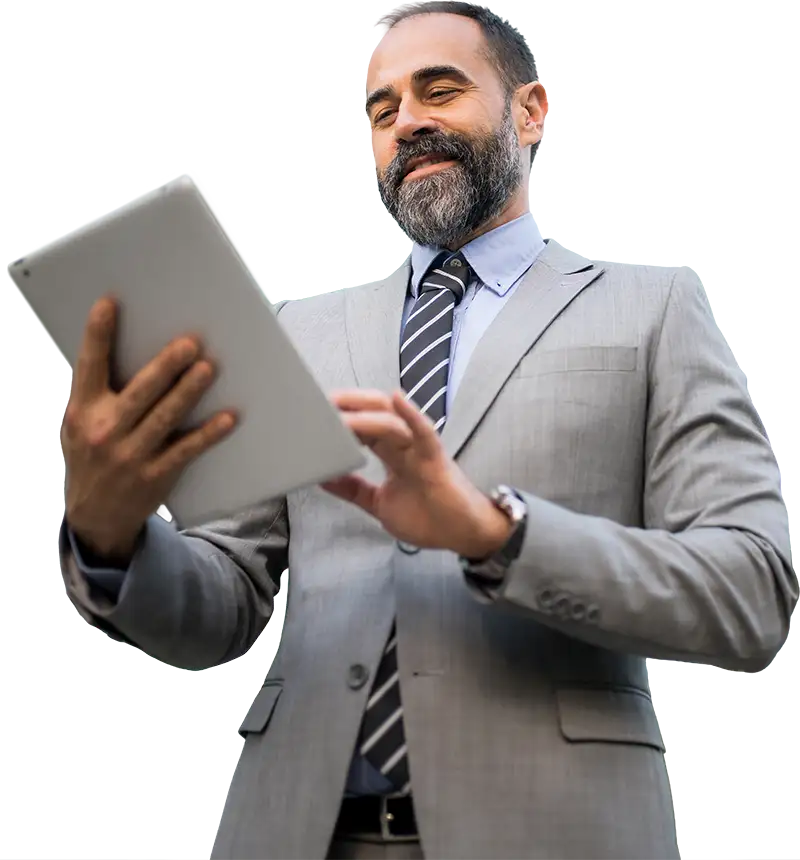 Man in a suit interacting with a tablet
