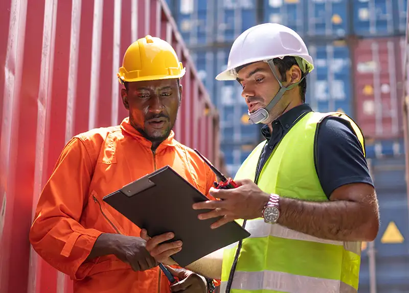 two men in safety gear reviewing a clipboard in a shipping yard