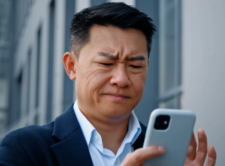 Frustrated Man Reading Phone Emails