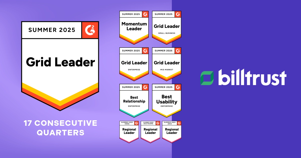 G2 Summer 2025 Category Leader Badges with Billtrust Logo