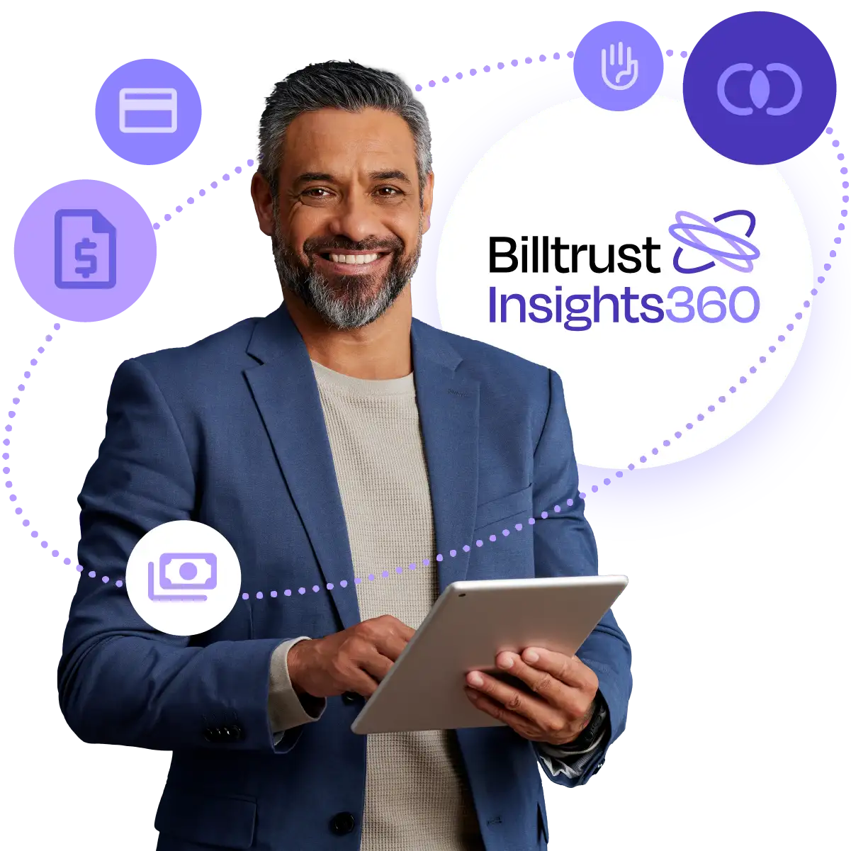 Man with iPad and Billtrust Insights360 logo