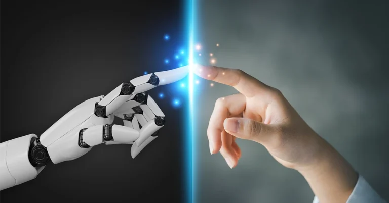 Robot finger touching person finger