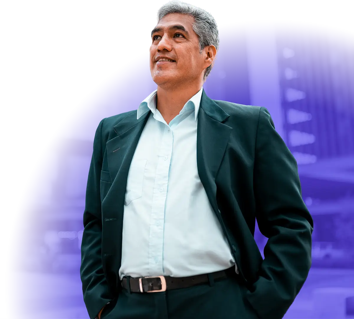 Man in business suit standing with hands in pocket