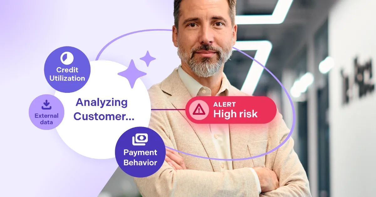 man standing with arms folded with credit utilization, external data, analyzing customer payment behavior text