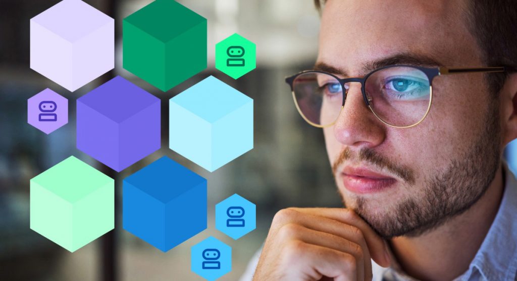 Man looking at AI representation