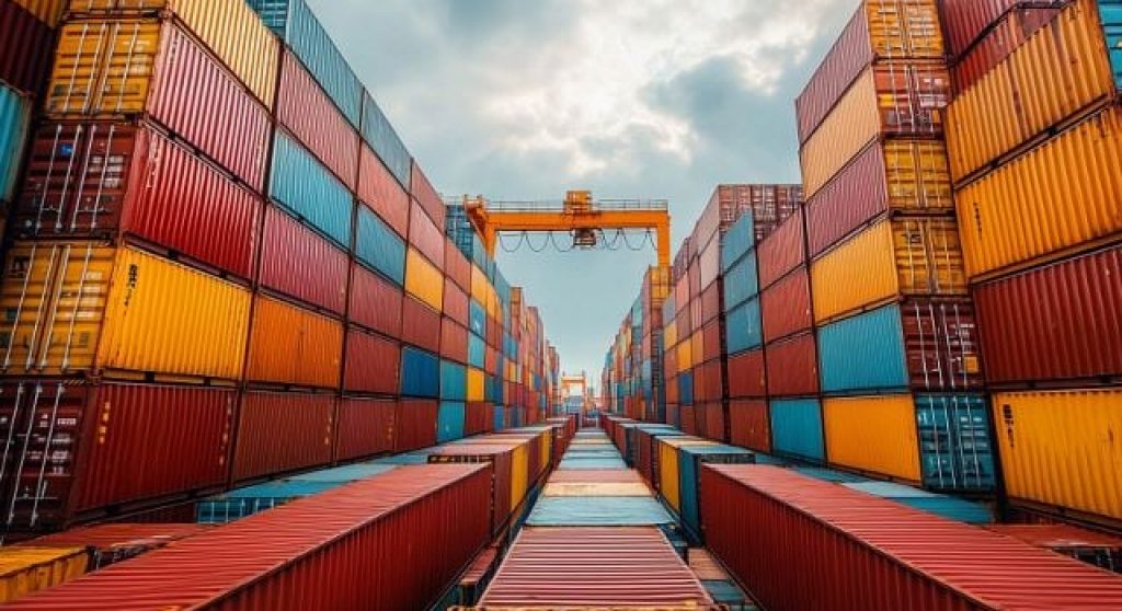 Shipping containers in a shipyard