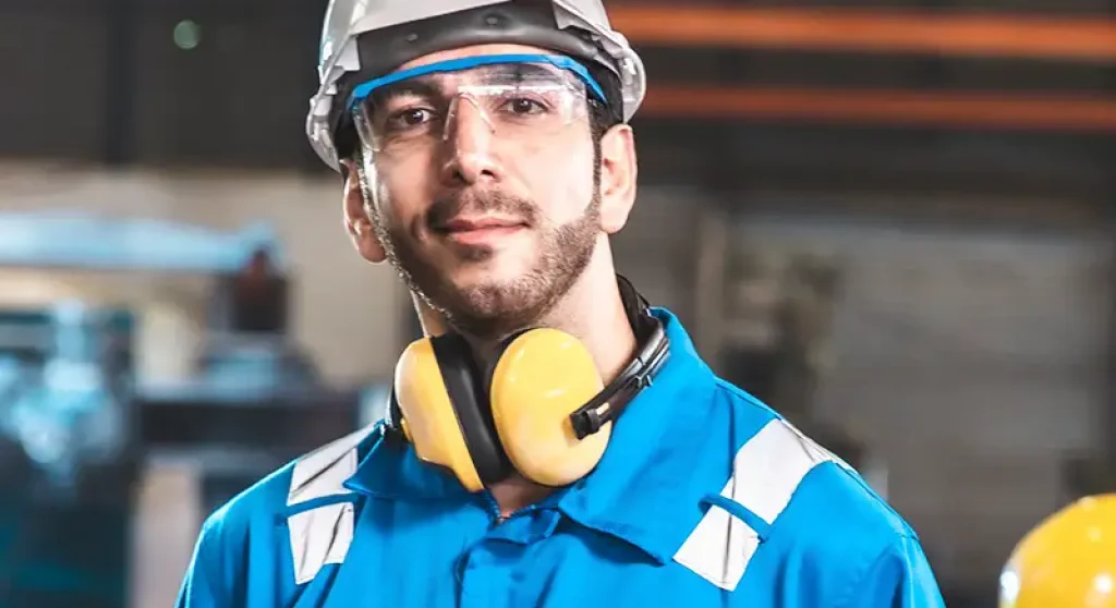 Worker in coveralls with head eye and ear protection in factory
