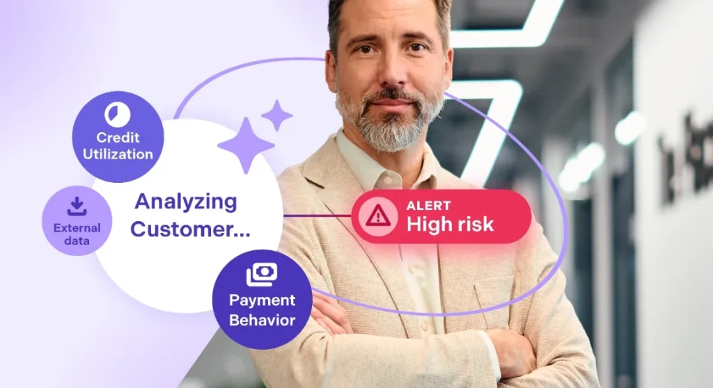 man standing with arms folded with credit utilization, external data, analyzing customer payment behavior text