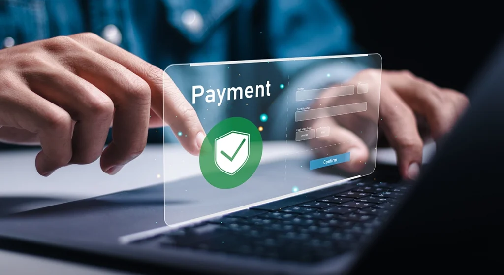 Hands typing on laptop with secure payment popup
