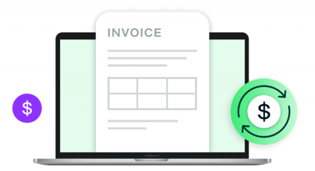 e-invoice exchange framework masthead image of a computer with two dollar sign icons on either side of it with an invoice on the screen