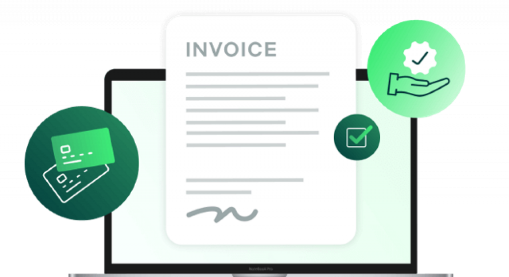 how e-invoicing can benefit your business masthead image of an invoice surrounded with a hand with a check mark above it and credit card graphics