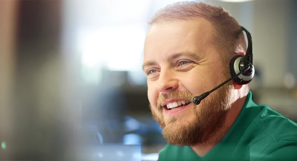 man wearing voip headset